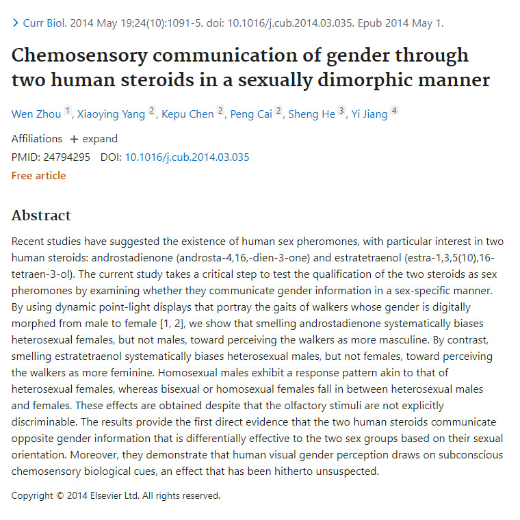 Chemosensory communication of gender through two human steroids in a sexually dimorphic manner
