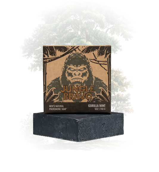 Jungle Bravo Gorilla Mint bar and box in front of a jungle tree