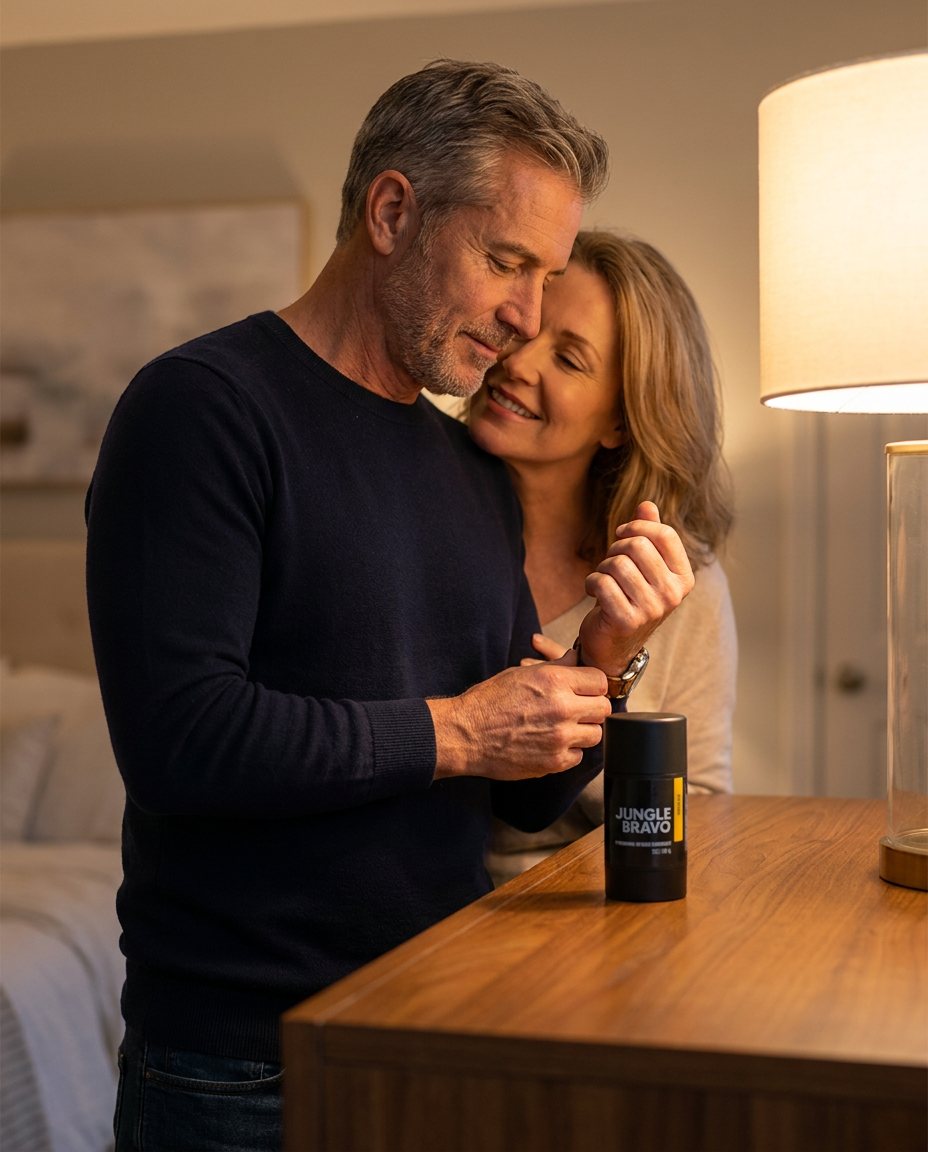 Man about 58 with his wife leaning into his neck, Jungle Bravo deodorant on the dresser