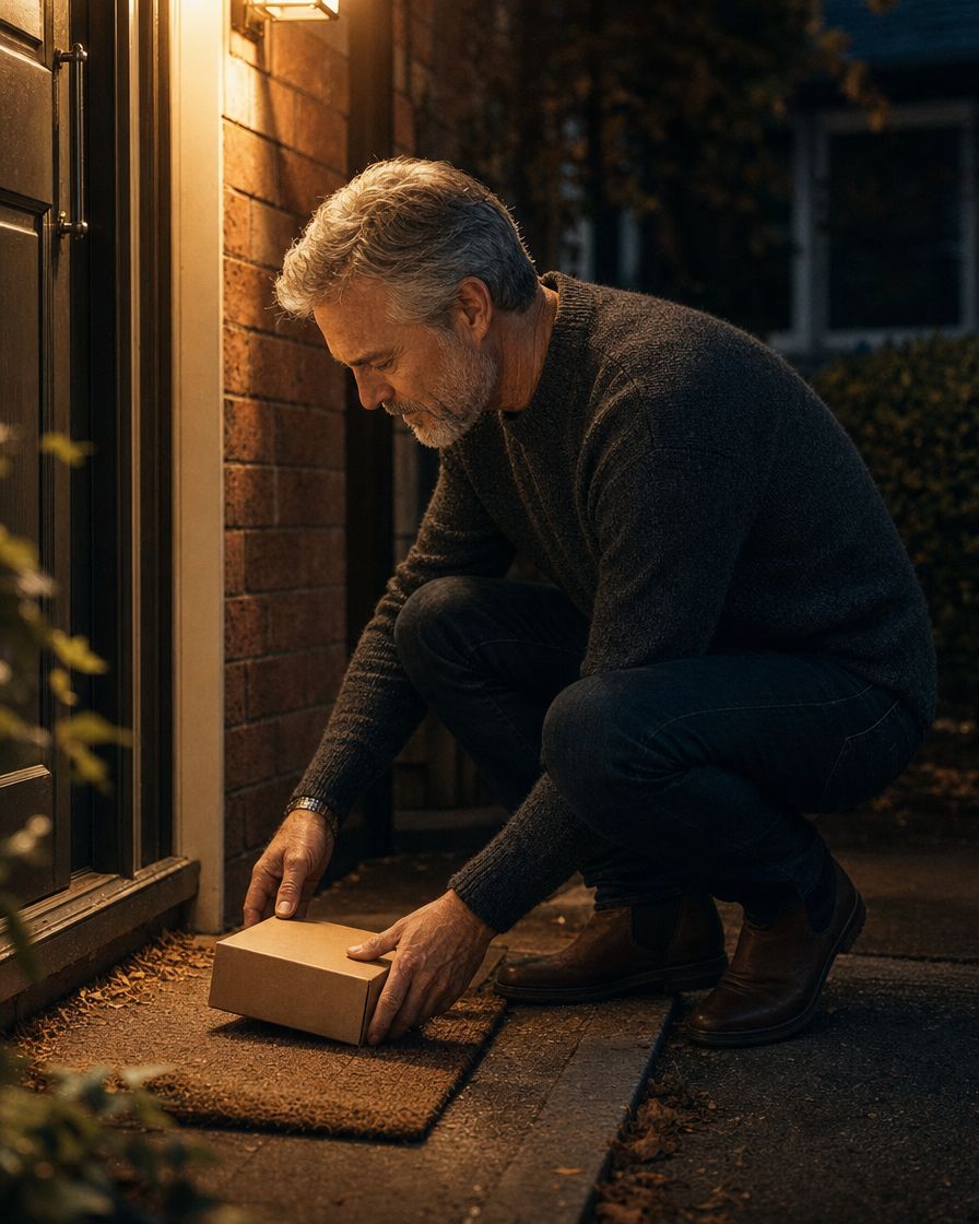A man picks up his Jungle Bravo delivery from the doorstep at dusk