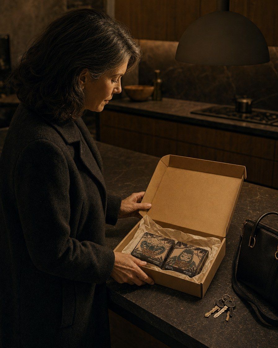 A woman opens her Jungle Bravo order at the kitchen island