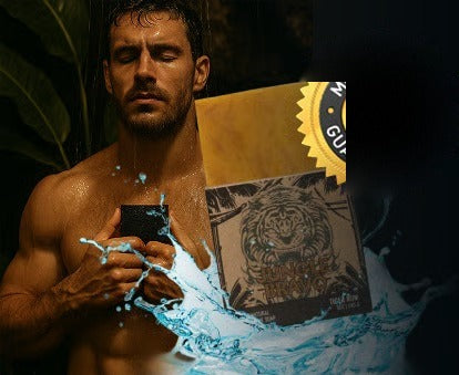 Man using Jungle Bravo Alpha Pheromone Soap for men in the shower